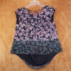 ELIZABETH JAMES Womens Top XS Black Floral Pullover Oversized Hi Lo 100% Silk